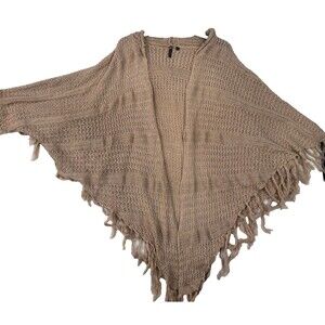 Poof! Women’s Medium Knit Poncho Beige Fringe Boho Sweater Shawl Made in India